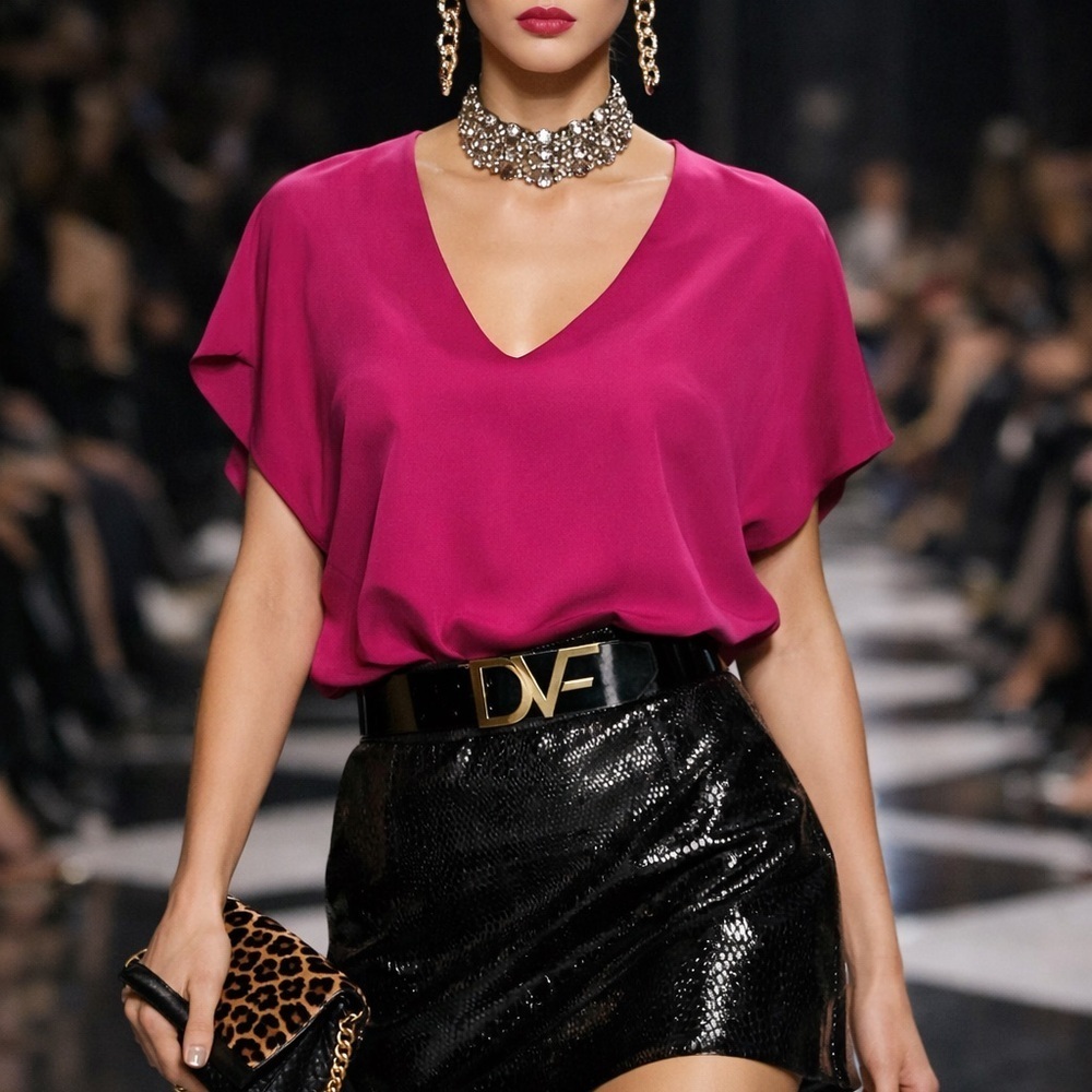 Diane Von Furstenberg DVF Magenta V-Neck Blouse Women’s Small Draped Top